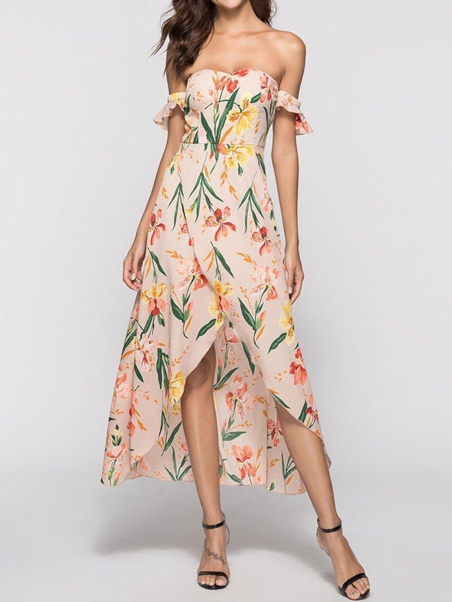 New Strapless Asymmetric Hem Printed Maxi Dress.MC