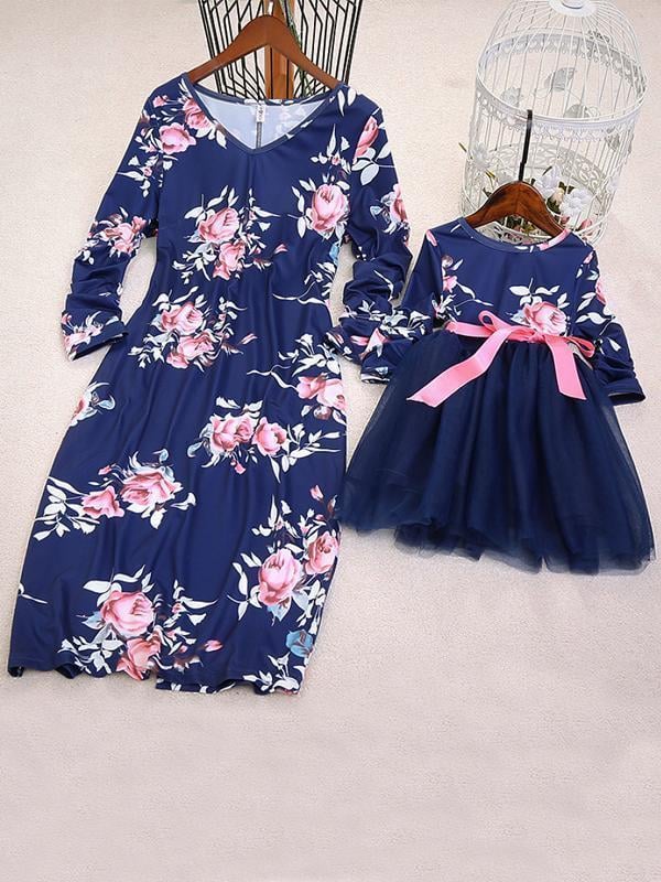 NEW Casual Floral Round Neck Long Sleeve Mommy And Me Matching Dresses