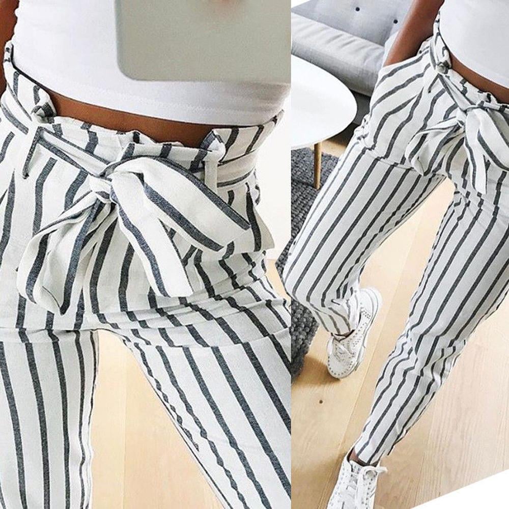 Women Striped Long Tie High Waist Ladies Pants