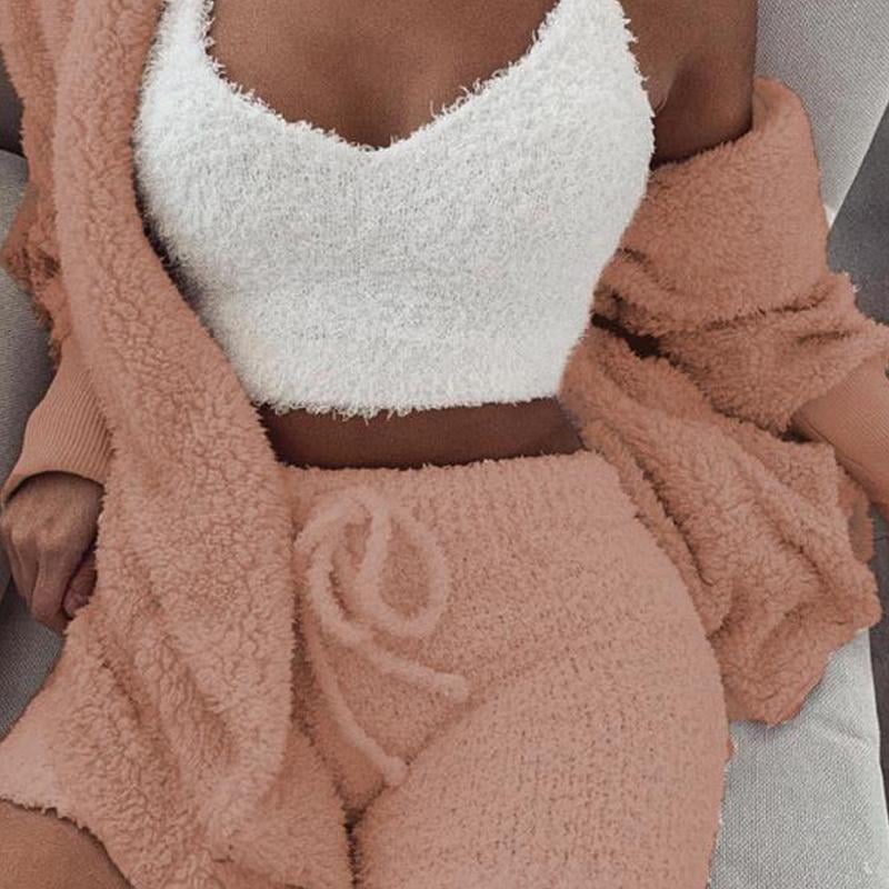 Fluffy Hooded Open Front Teddy Coat & Short Sets