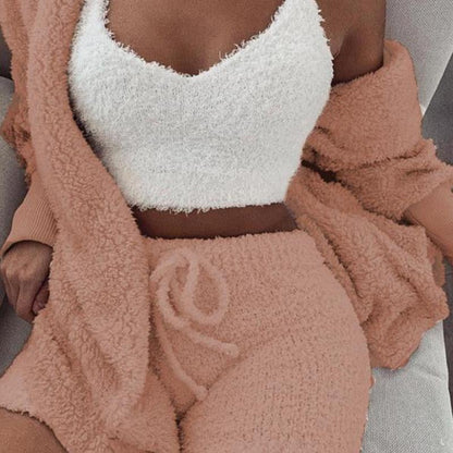 Fluffy Hooded Open Front Teddy Coat & Short Sets