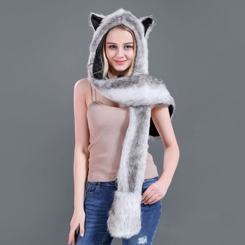 3 in 1 Furry Hooded Scarf with Paws and Ears
