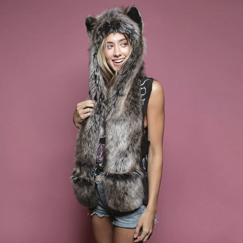 3 in 1 Furry Hooded Scarf with Paws and Ears