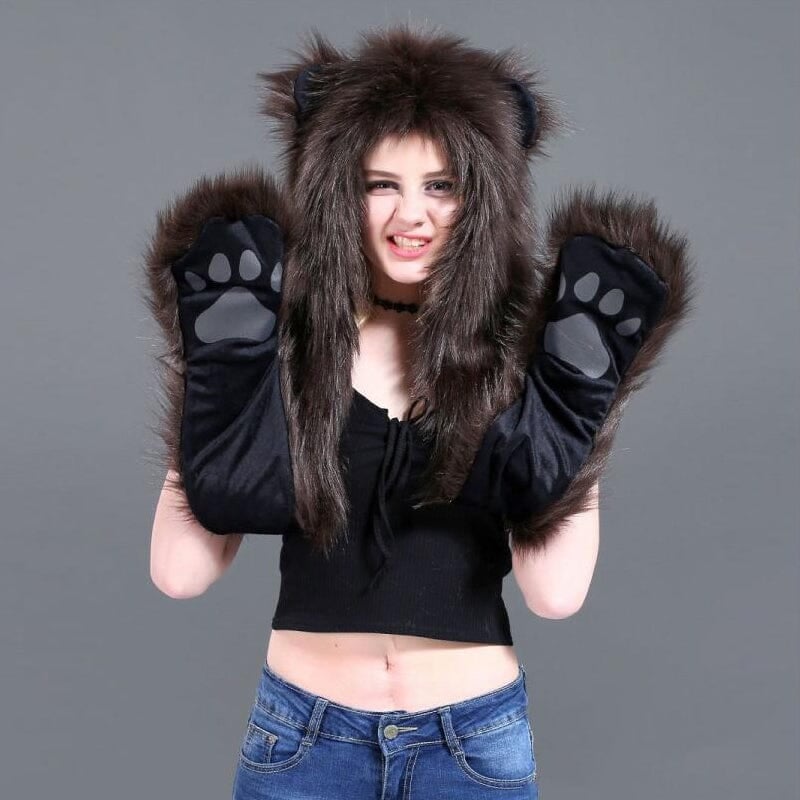 3 in 1 Furry Hooded Scarf with Paws and Ears