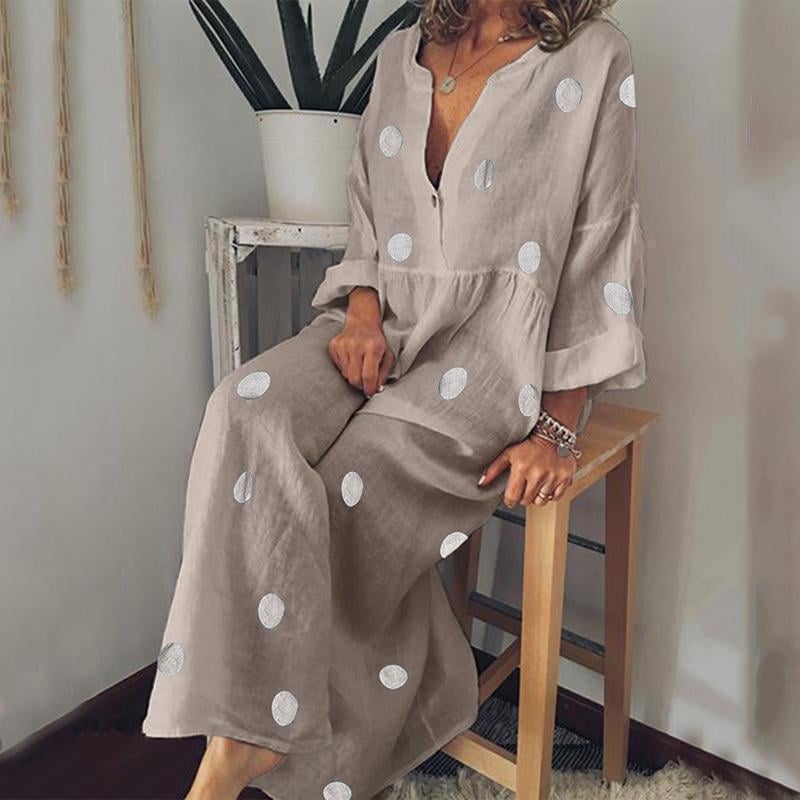 New V Neck Long Sleeve Pleated Polka Dress.MC
