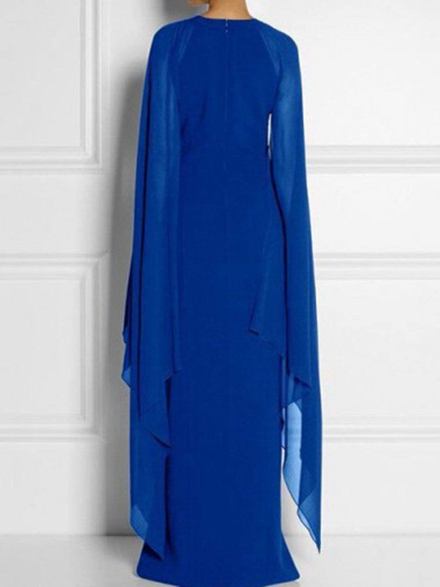 New Cape Sleeve High Slit Plain Chiffon Maxi Dress.MC