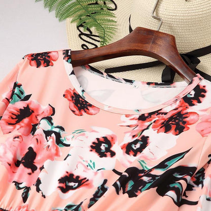 NEW Casual Floral Round Neck Three Quarters Sleeve Mommy And Me Matching Dresses