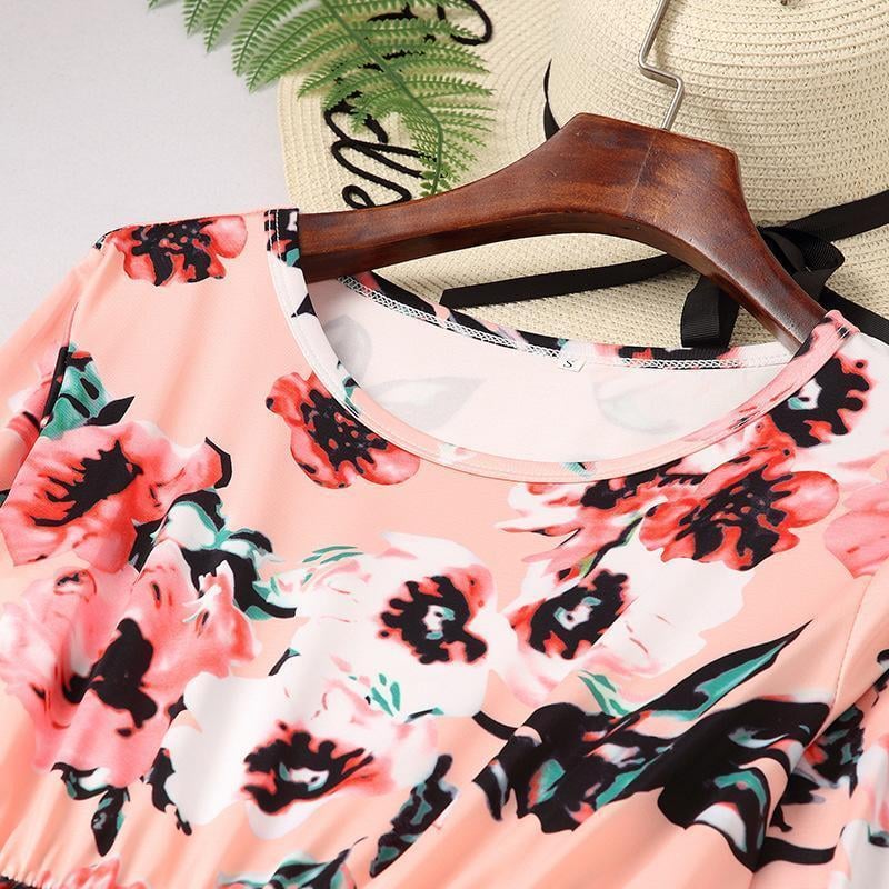 NEW Casual Floral Round Neck Three Quarters Sleeve Mommy And Me Matching Dresses