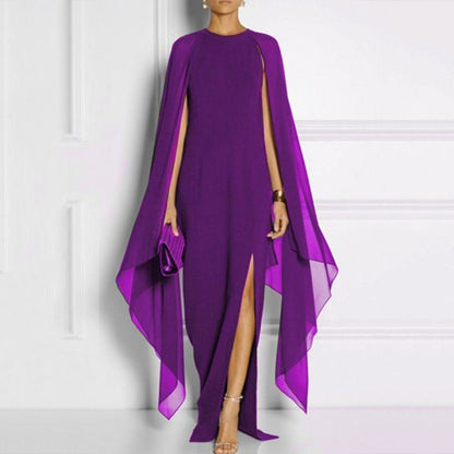 New Cape Sleeve High Slit Plain Chiffon Maxi Dress.MC