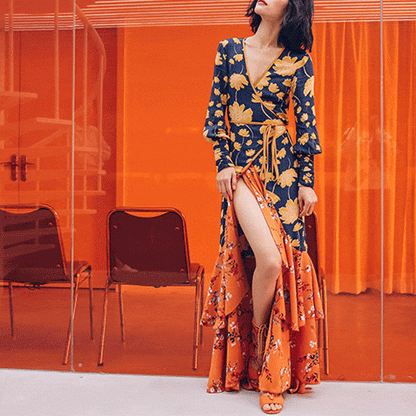 New Gorgeous V Collar Floral Printed Split Joint Maxi Dress.MC