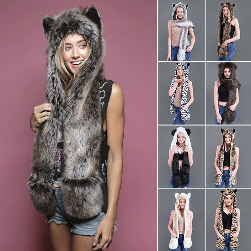 3 in 1 Furry Hooded Scarf with Paws and Ears