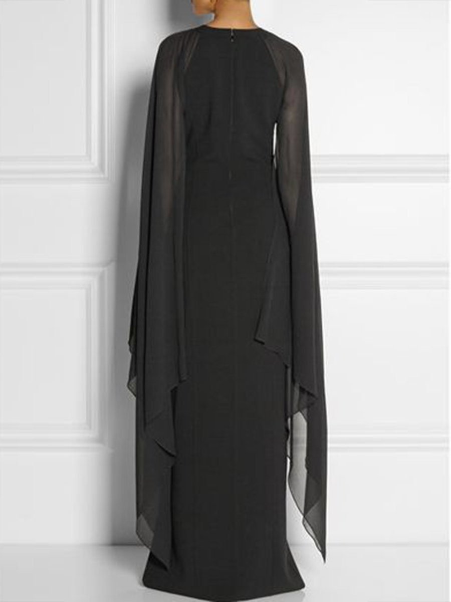 New Cape Sleeve High Slit Plain Chiffon Maxi Dress.MC