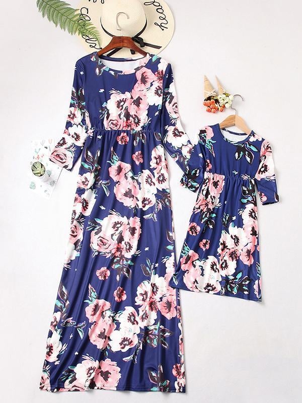 NEW Casual Floral Round Neck Three Quarters Sleeve Mommy And Me Matching Dresses