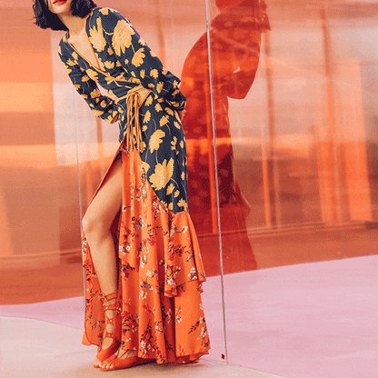 New Gorgeous V Collar Floral Printed Split Joint Maxi Dress.MC