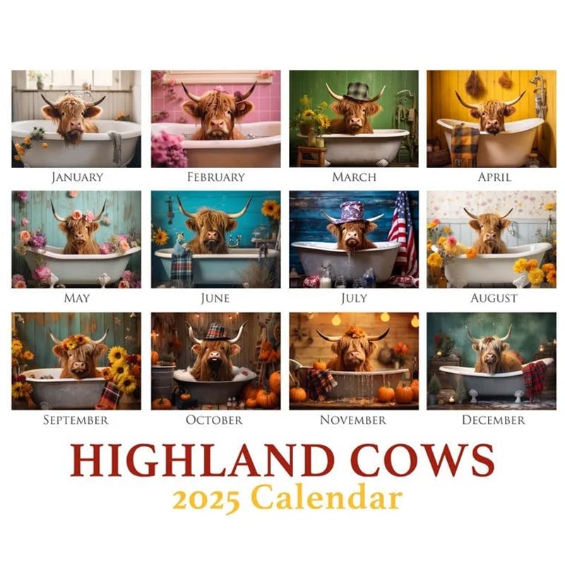 Funny Highland Cows in Bathtubs Calendar