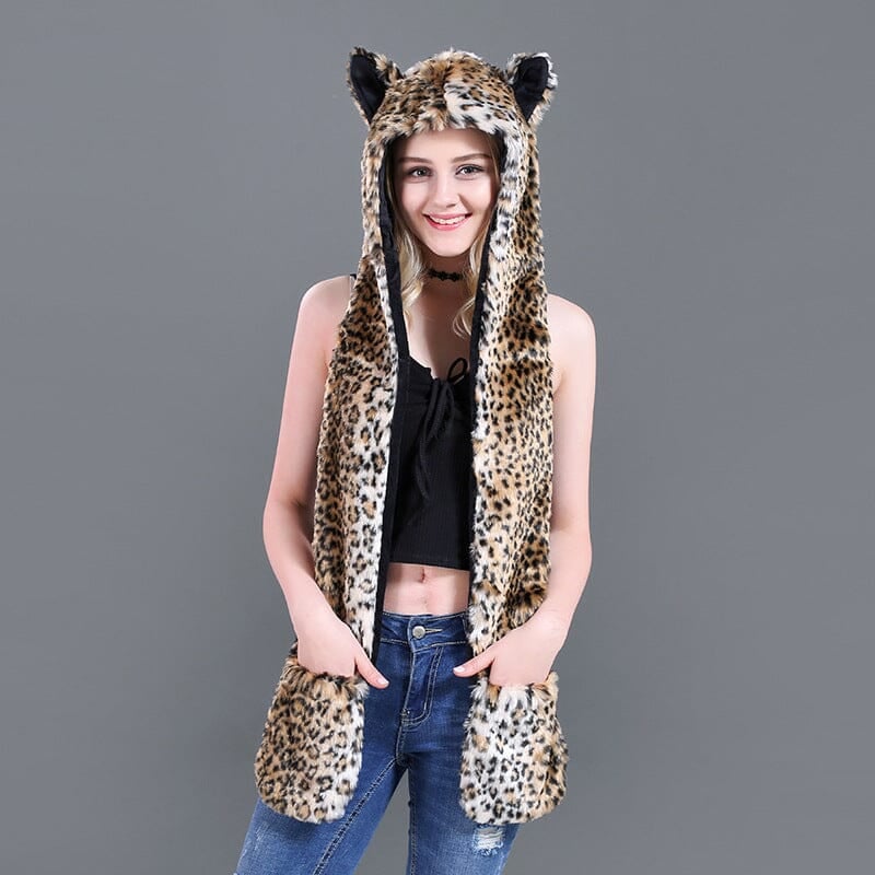 3 in 1 Furry Hooded Scarf with Paws and Ears