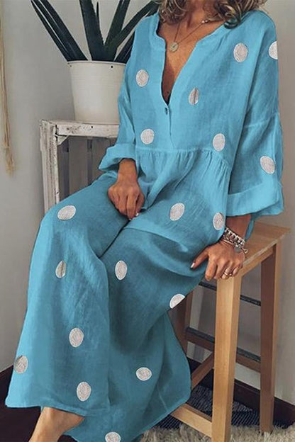 New V Neck Long Sleeve Pleated Polka Dress.MC