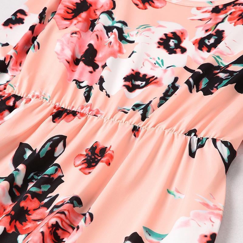 NEW Casual Floral Round Neck Three Quarters Sleeve Mommy And Me Matching Dresses