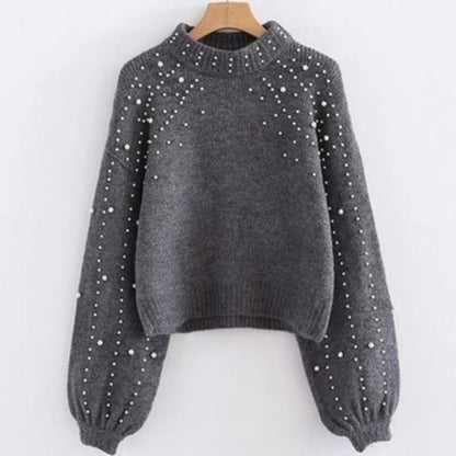 Pearl Printed Lantern Sleeve Knitwear Soft Knitting Sweater