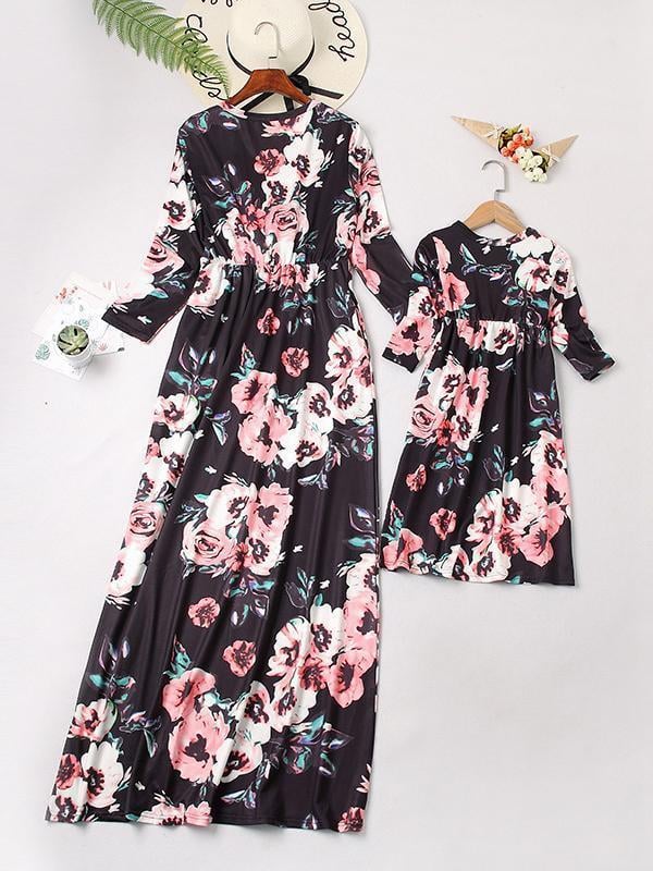 NEW Casual Floral Round Neck Three Quarters Sleeve Mommy And Me Matching Dresses