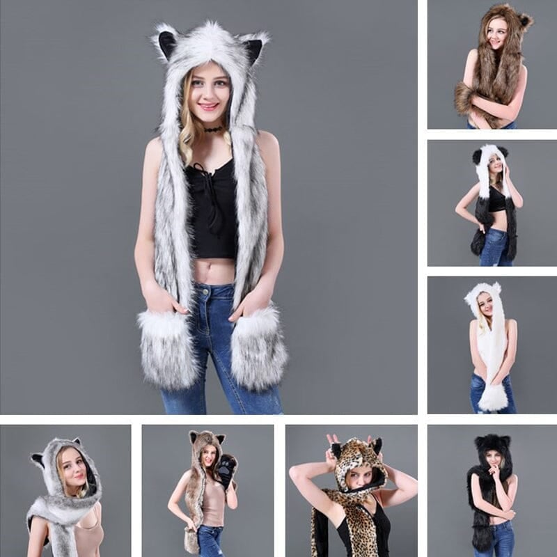 3 in 1 Furry Hooded Scarf with Paws and Ears