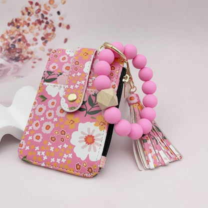 Boho Style Beaded & Tassel Decorated Keychain with Flower Pattern Wallet