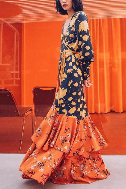 New Gorgeous V Collar Floral Printed Split Joint Maxi Dress.MC