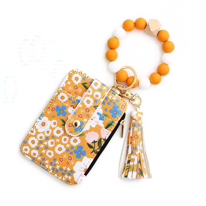 Boho Style Beaded & Tassel Decorated Keychain with Flower Pattern Wallet