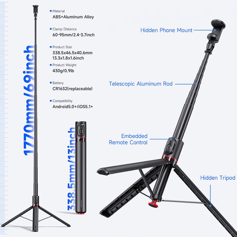 Extendable Magnetic Tripod With Bluetooth Remote Control