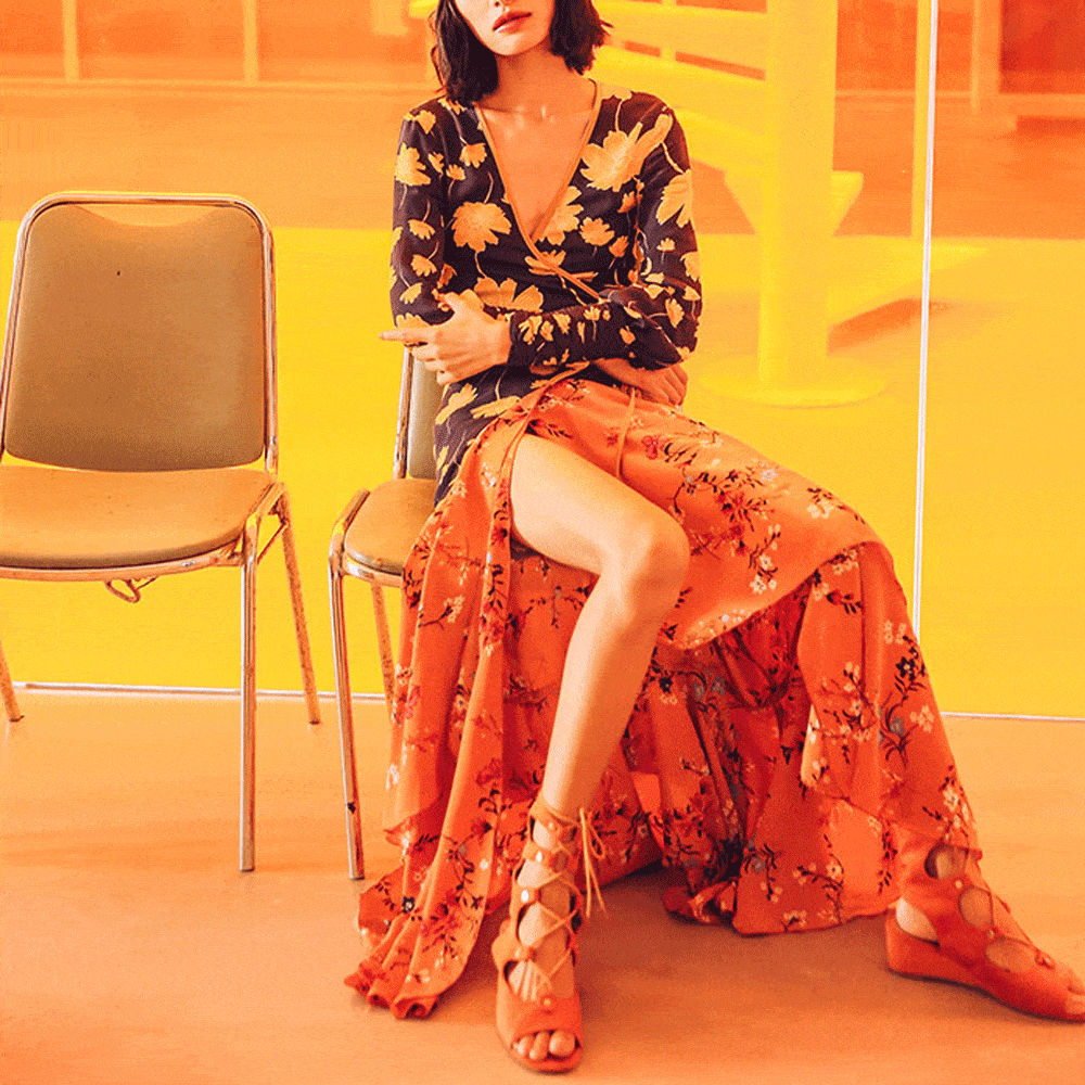 New Gorgeous V Collar Floral Printed Split Joint Maxi Dress.MC