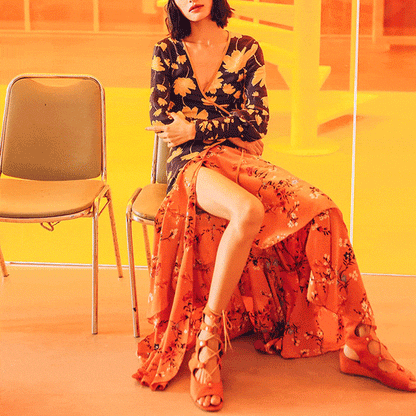 New Gorgeous V Collar Floral Printed Split Joint Maxi Dress.MC