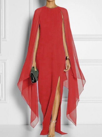 New Cape Sleeve High Slit Plain Chiffon Maxi Dress.MC