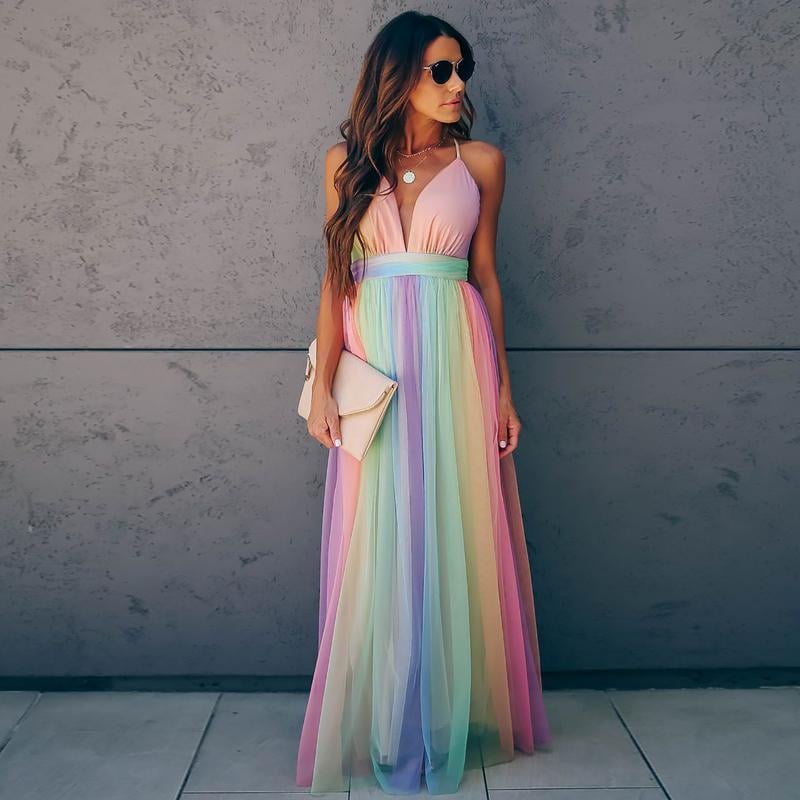 Rainbow Striped Suspender Dress