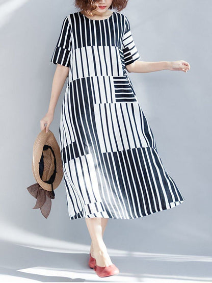 New Casual Round Neck Stripe Short Sleeve Dress.MC