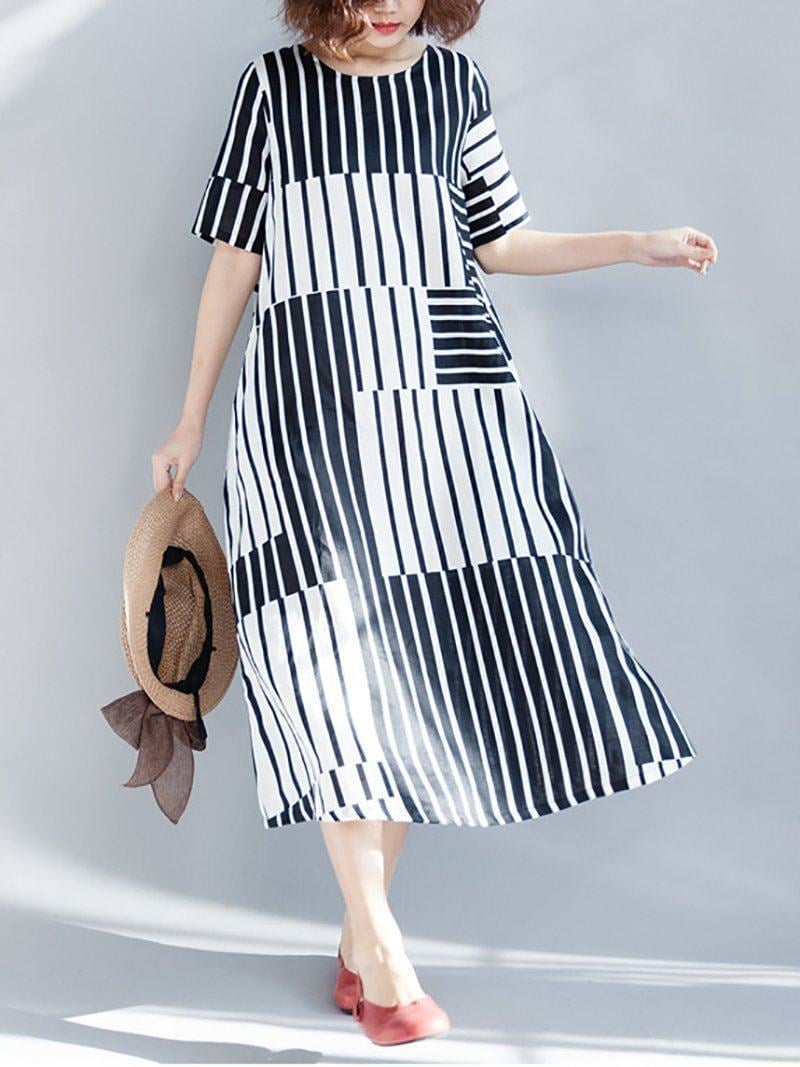 New Casual Round Neck Stripe Short Sleeve Dress.MC