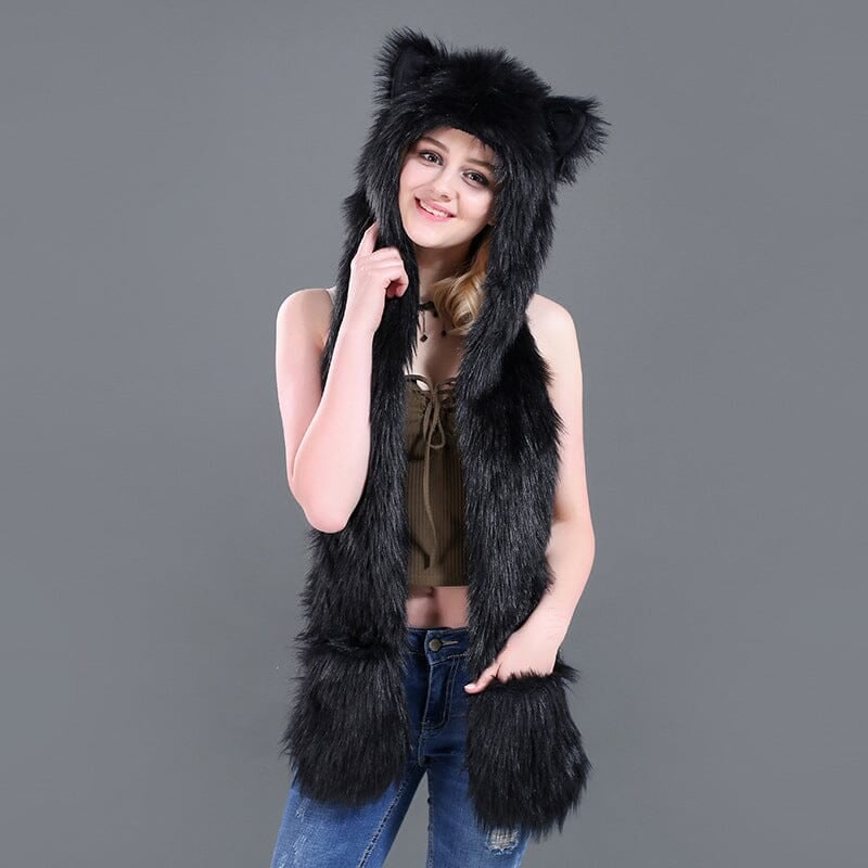 3 in 1 Furry Hooded Scarf with Paws and Ears
