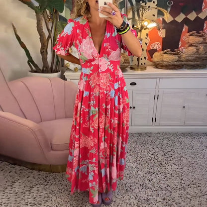 Floral Pattern Pocket Dress with V-neckline