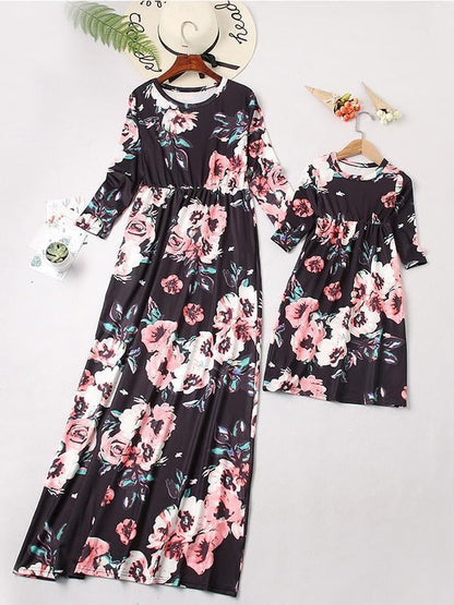 NEW Casual Floral Round Neck Three Quarters Sleeve Mommy And Me Matching Dresses