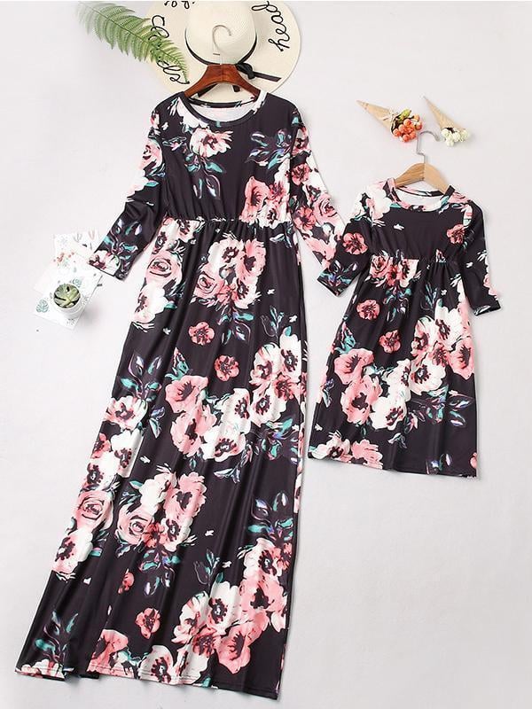 NEW Casual Floral Round Neck Three Quarters Sleeve Mommy And Me Matching Dresses