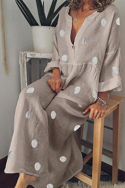 New V Neck Long Sleeve Pleated Polka Dress.MC