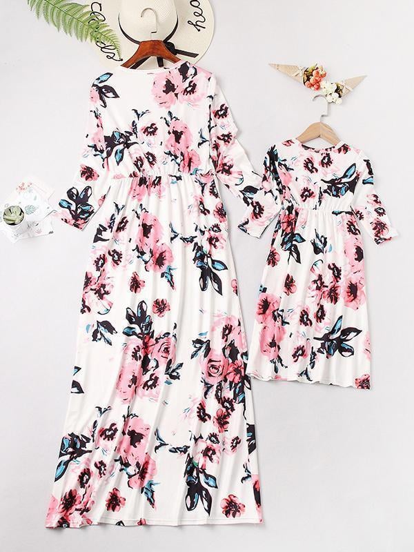 NEW Casual Floral Round Neck Three Quarters Sleeve Mommy And Me Matching Dresses