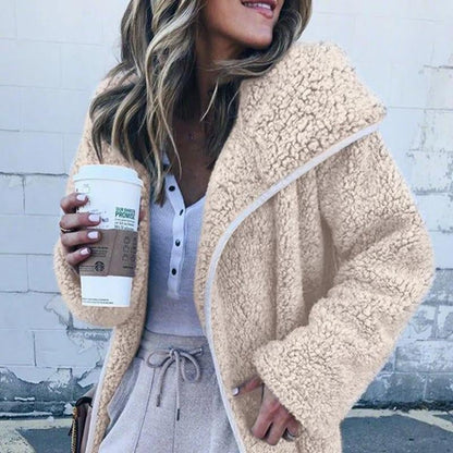 Women Hooded Sherpa Coat Shawl Collar Solid Teddy Bear Coats