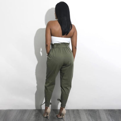 Women Solid Loose Pants Casual High Waist Belt Pocket Bow Tie Ruffles Trousers