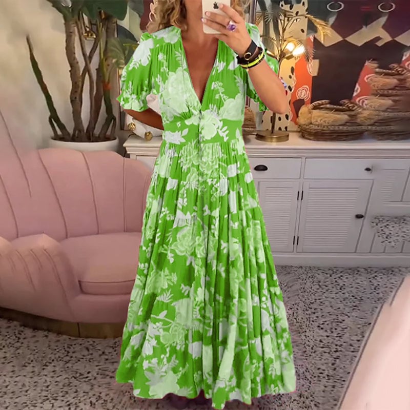 Floral Pattern Pocket Dress with V-neckline