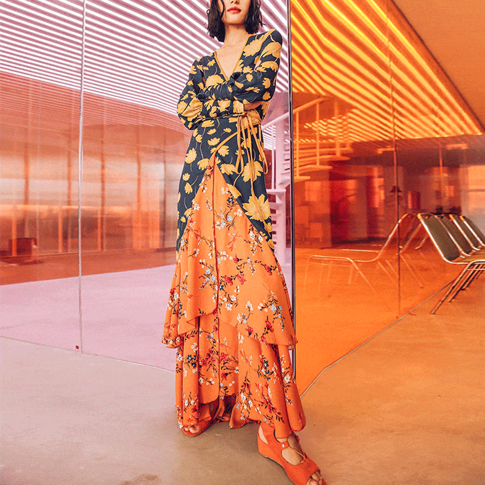 New Gorgeous V Collar Floral Printed Split Joint Maxi Dress.MC