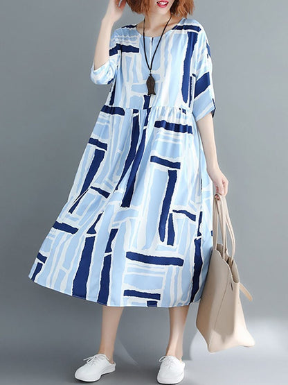 New Casual Printed Colour Pleated Round Neck Dress.MC