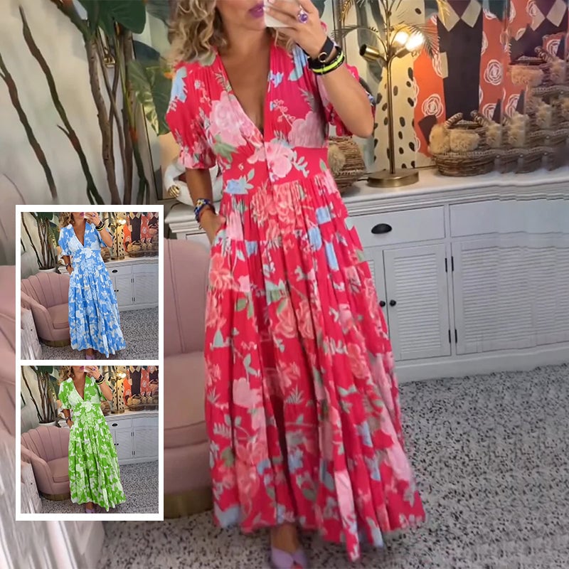Floral Pattern Pocket Dress with V-neckline