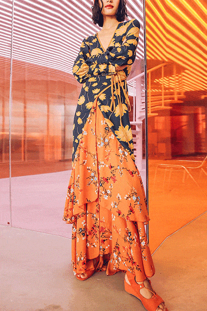 New Gorgeous V Collar Floral Printed Split Joint Maxi Dress.MC