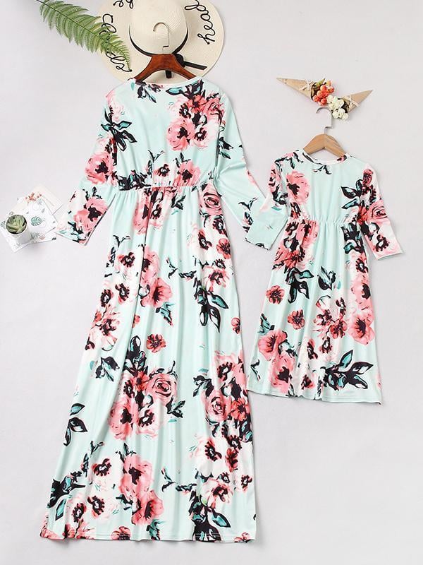 NEW Casual Floral Round Neck Three Quarters Sleeve Mommy And Me Matching Dresses