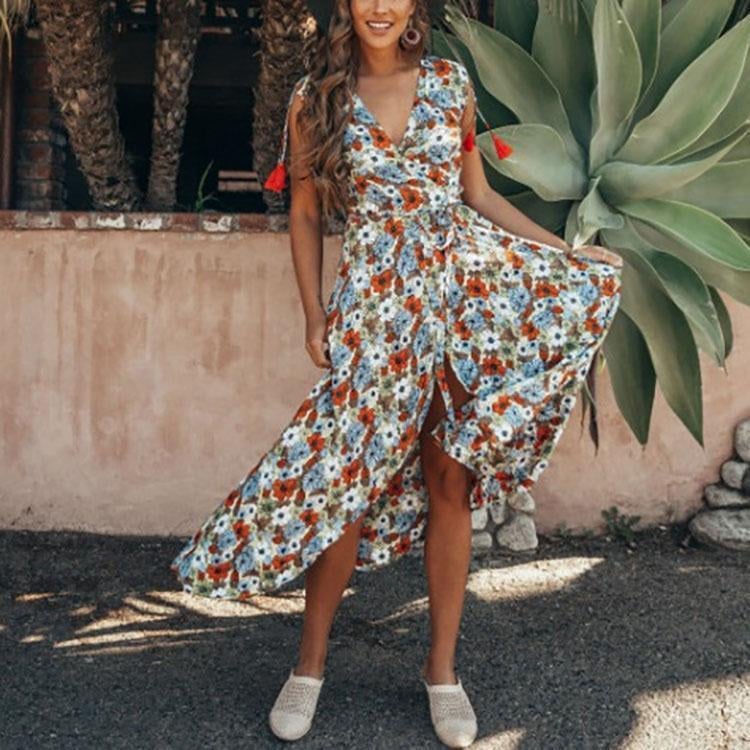 New Bohemian Sexy V Collar Printing Sleeveless Vacation Dress.AQ